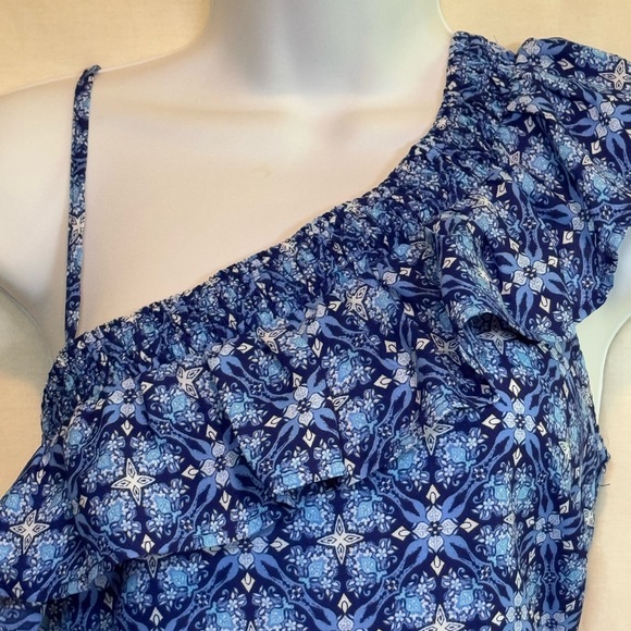 H-73 Skies Are Blue White & Blue Asymmetric Ruffled Lined MIDI Dress Size 8‎ - Picture 4 of 14